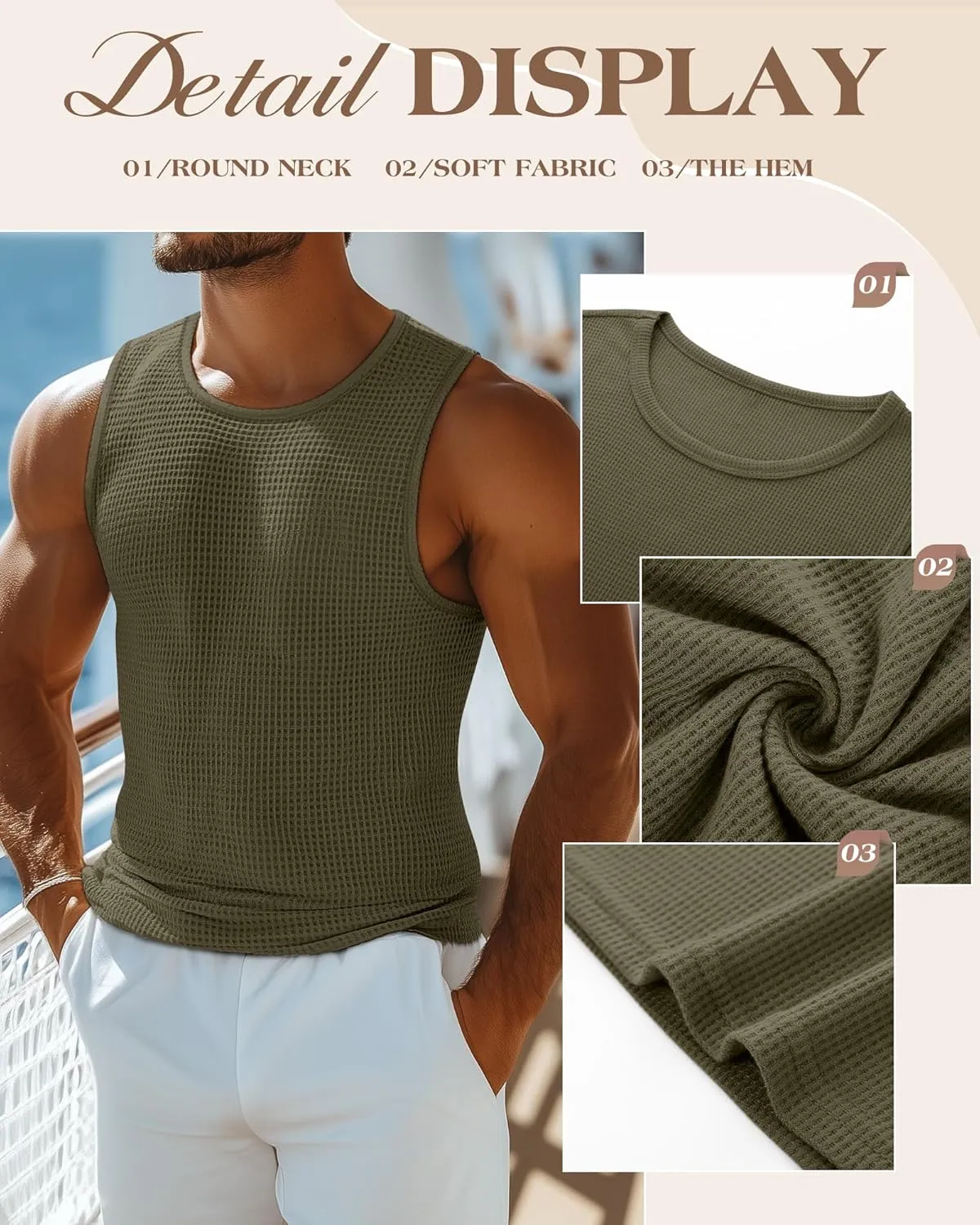 Riyiper 3 Pack Men's Waffle Knit Tank Tops, Casual Sleeveless Tank Shirts Summer Classic Beach T-Shirts Breathable Muscle Tee