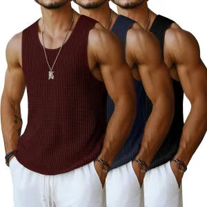 Riyiper 3 Pack Men's Waffle Knit Tank Tops, Casual Sleeveless Tank Shirts Summer Classic Beach T-Shirts Breathable Muscle Tee