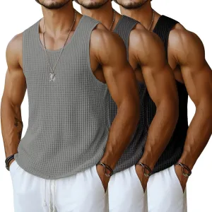 Riyiper 3 Pack Men's Waffle Knit Tank Tops, Casual Sleeveless Tank Shirts Summer Classic Beach T-Shirts Breathable Muscle Tee