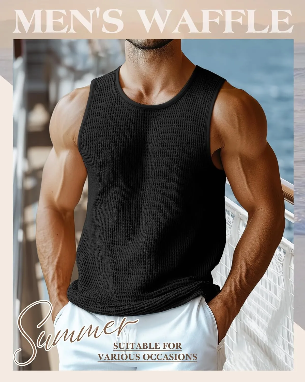 Riyiper 3 Pack Men's Waffle Knit Tank Tops, Casual Sleeveless Tank Shirts Summer Classic Beach T-Shirts Breathable Muscle Tee