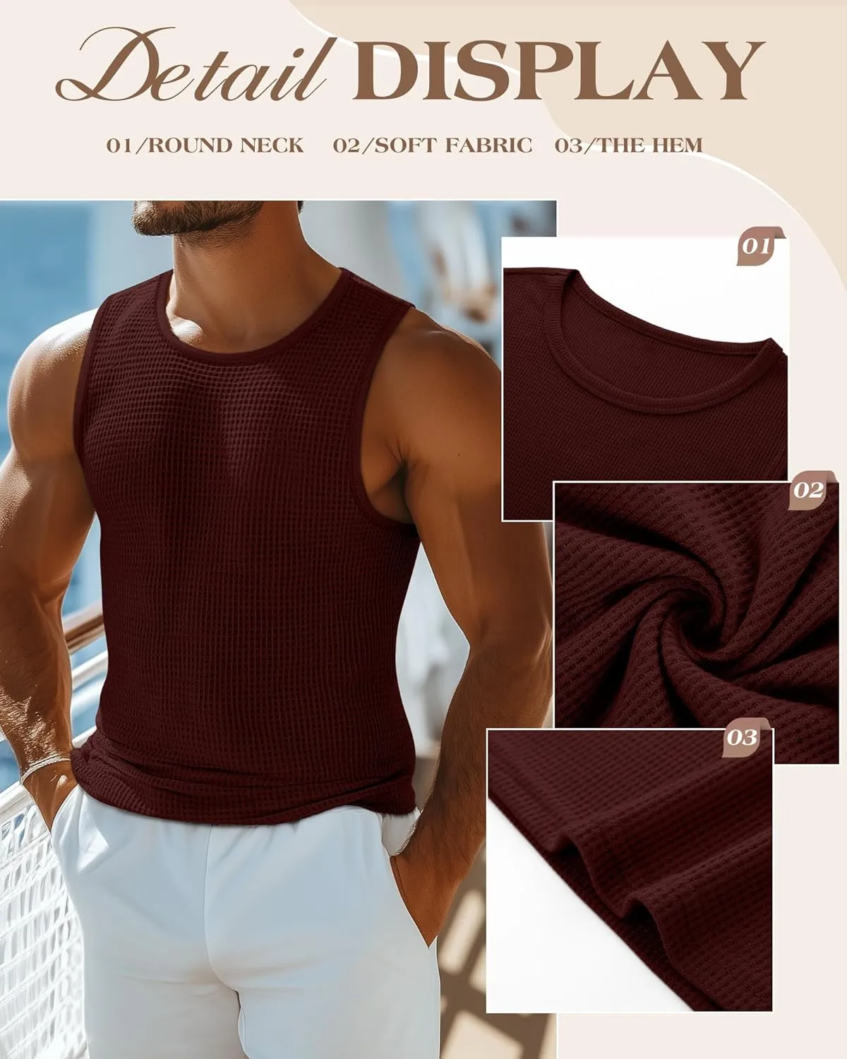 Riyiper 3 Pack Men's Waffle Knit Tank Tops, Casual Sleeveless Tank Shirts Summer Classic Beach T-Shirts Breathable Muscle Tee