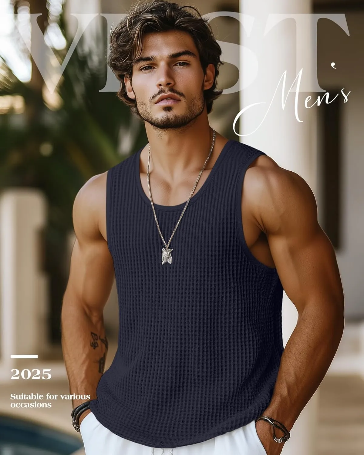 Riyiper 3 Pack Men's Waffle Knit Tank Tops, Casual Sleeveless Tank Shirts Summer Classic Beach T-Shirts Breathable Muscle Tee