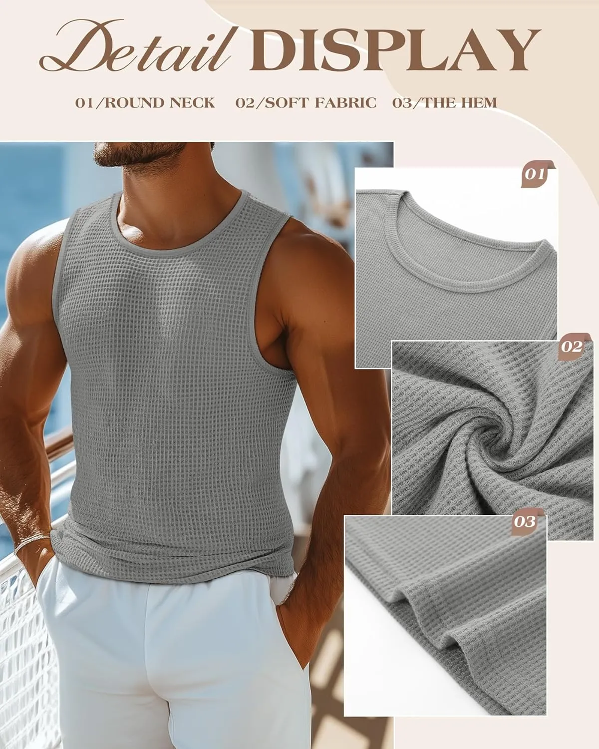 Riyiper 3 Pack Men's Waffle Knit Tank Tops, Casual Sleeveless Tank Shirts Summer Classic Beach T-Shirts Breathable Muscle Tee
