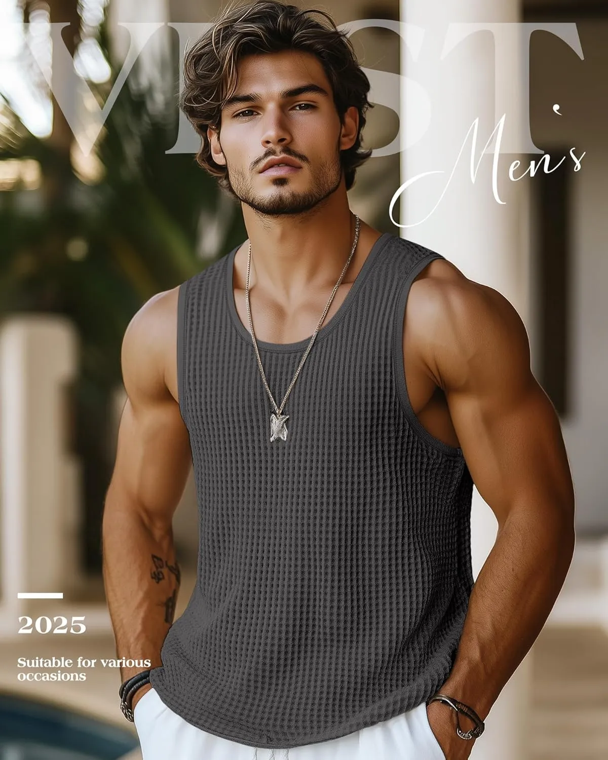 Riyiper 3 Pack Men's Waffle Knit Tank Tops, Casual Sleeveless Tank Shirts Summer Classic Beach T-Shirts Breathable Muscle Tee