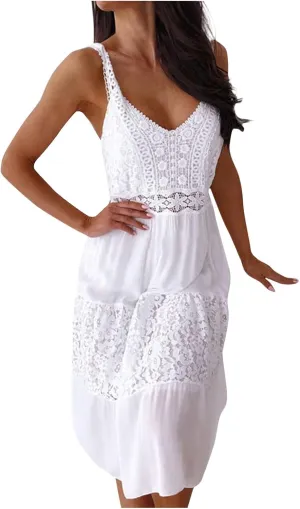 RKSTN Summer Womens Dresses,White Wedding Guest Dresses for Women Sexy Lace Flowy Skirt Dress Plain Sleeveless Sundress