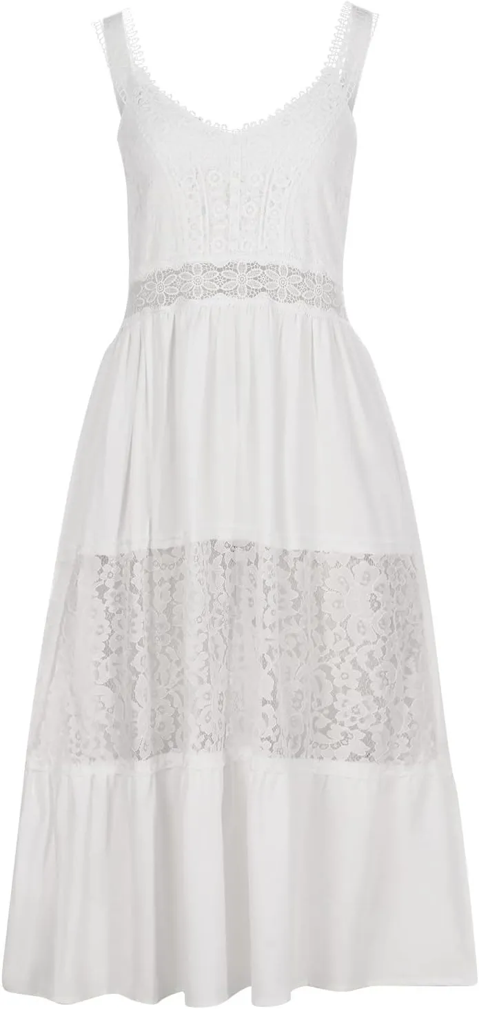 RKSTN Summer Womens Dresses,White Wedding Guest Dresses for Women Sexy Lace Flowy Skirt Dress Plain Sleeveless Sundress