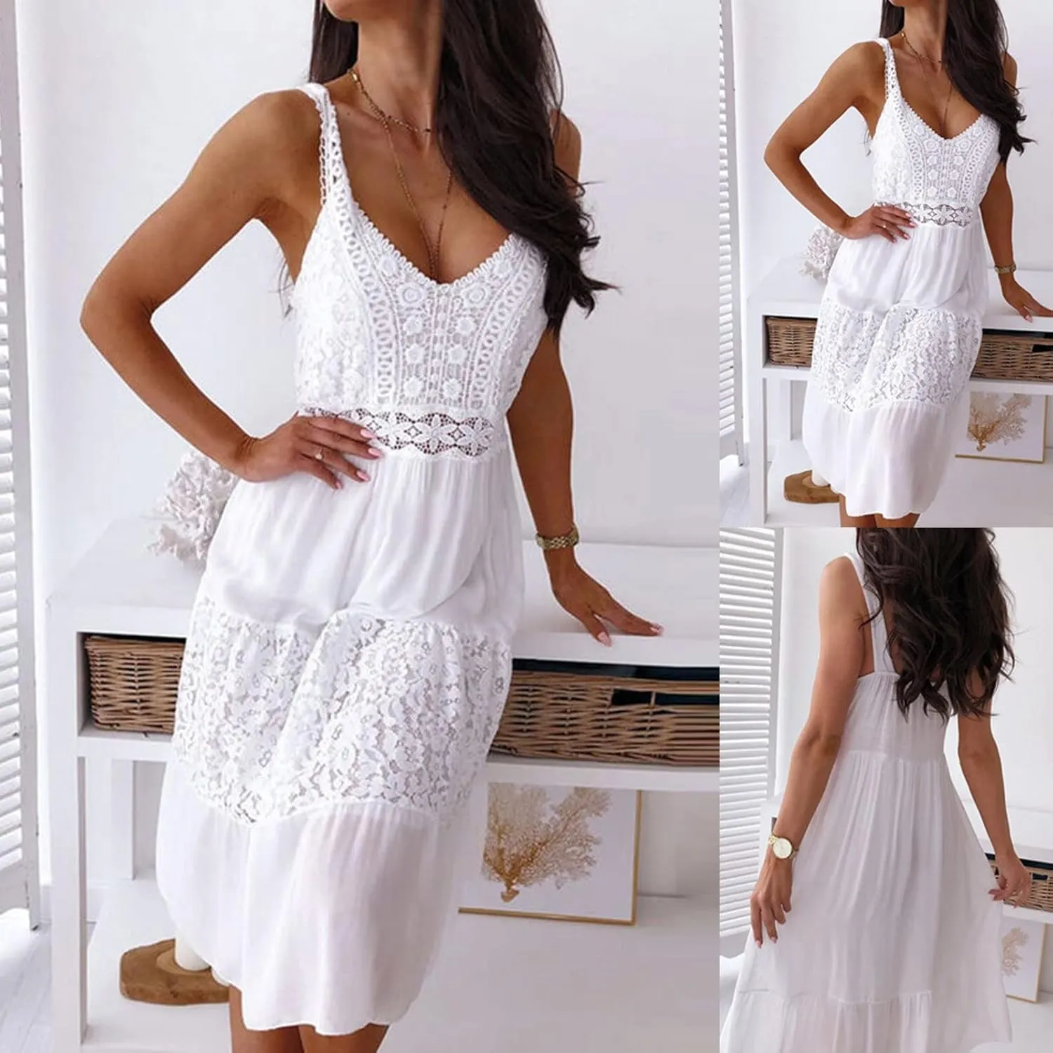 RKSTN Summer Womens Dresses,White Wedding Guest Dresses for Women Sexy Lace Flowy Skirt Dress Plain Sleeveless Sundress