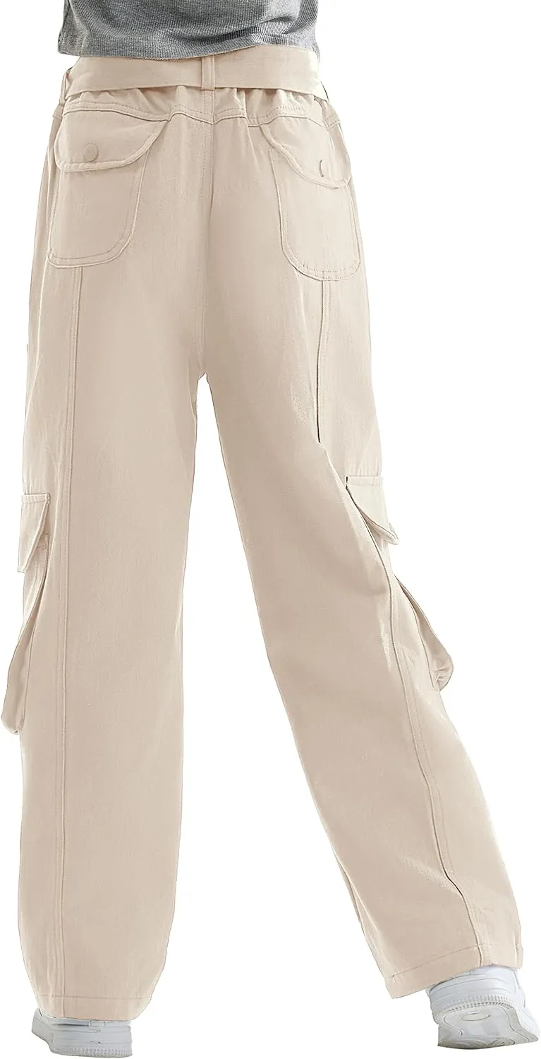 Rolanko Girls Cargo Pants Baggy Y2K Cargo Trousers Jeans Wide Leg Pants with Multi Pockets 4-15 Years