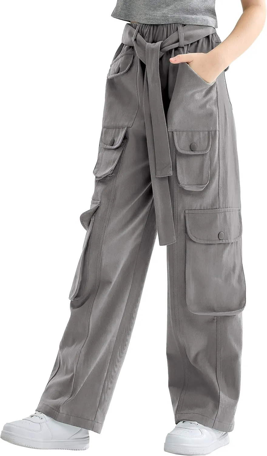 Rolanko Girls Cargo Pants Baggy Y2K Cargo Trousers Jeans Wide Leg Pants with Multi Pockets 4-15 Years