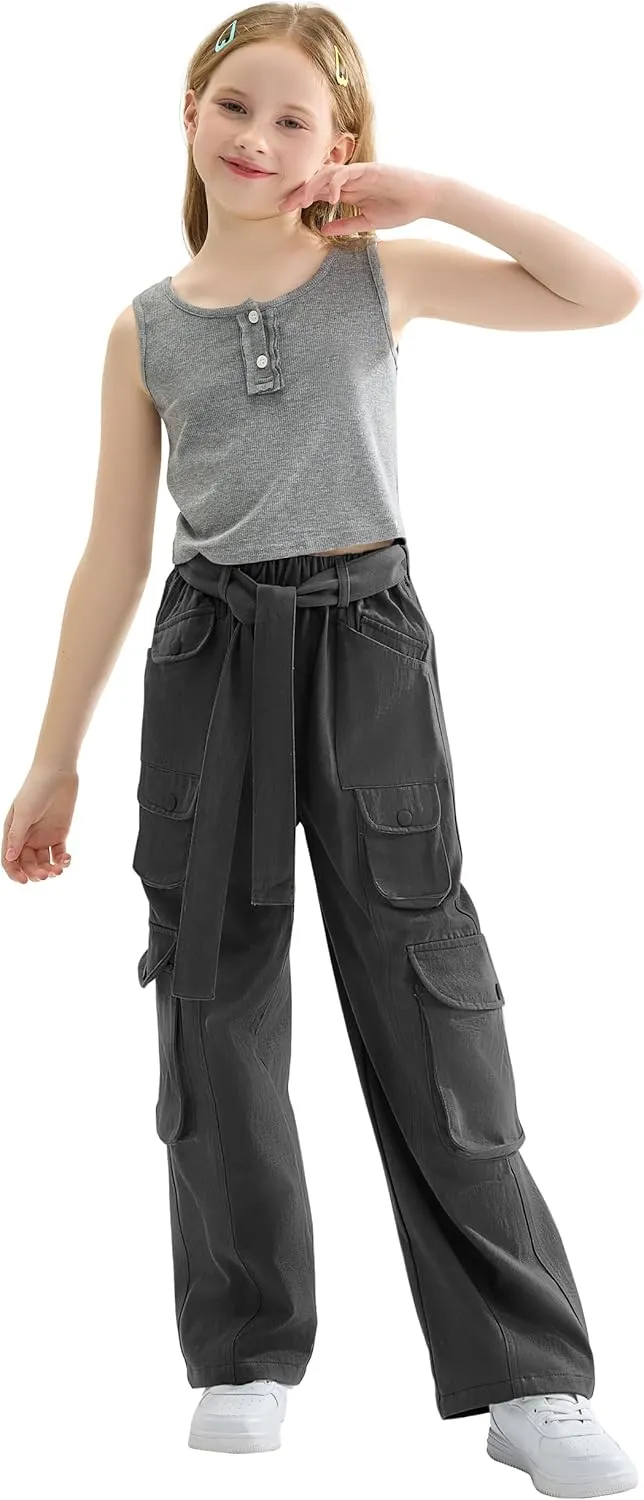 Rolanko Girls Cargo Pants Baggy Y2K Cargo Trousers Jeans Wide Leg Pants with Multi Pockets 4-15 Years