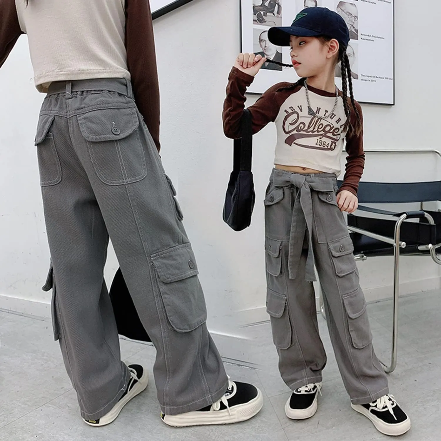 Rolanko Girls Cargo Pants Baggy Y2K Cargo Trousers Jeans Wide Leg Pants with Multi Pockets 4-15 Years