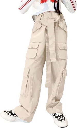 Rolanko Girls Cargo Pants Baggy Y2K Cargo Trousers Jeans Wide Leg Pants with Multi Pockets 4-15 Years