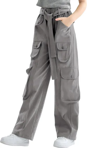 Rolanko Girls Cargo Pants Baggy Y2K Cargo Trousers Jeans Wide Leg Pants with Multi Pockets 4-15 Years