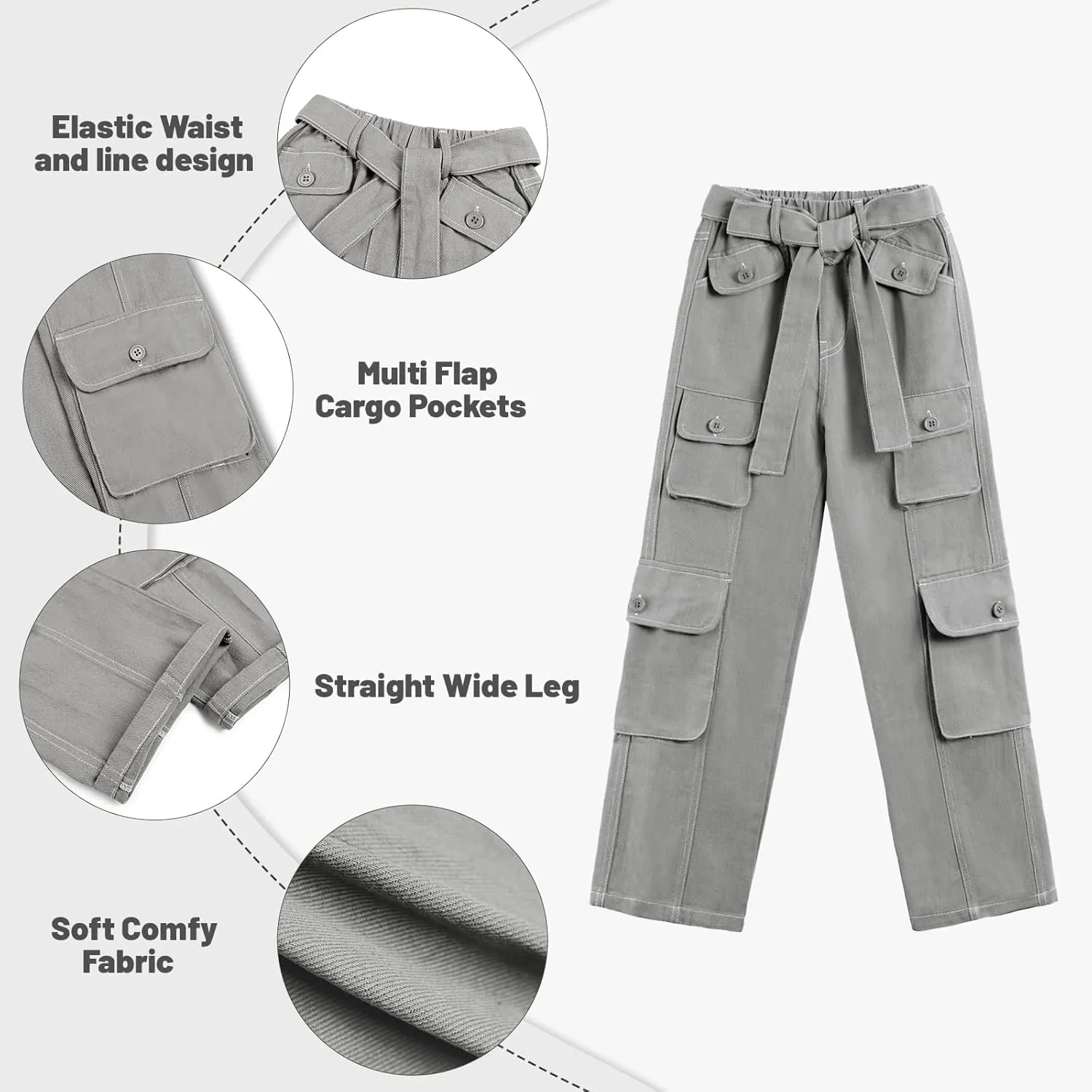 Rolanko Girls Cargo Pants Baggy Y2K Cargo Trousers Jeans Wide Leg Pants with Multi Pockets 4-15 Years