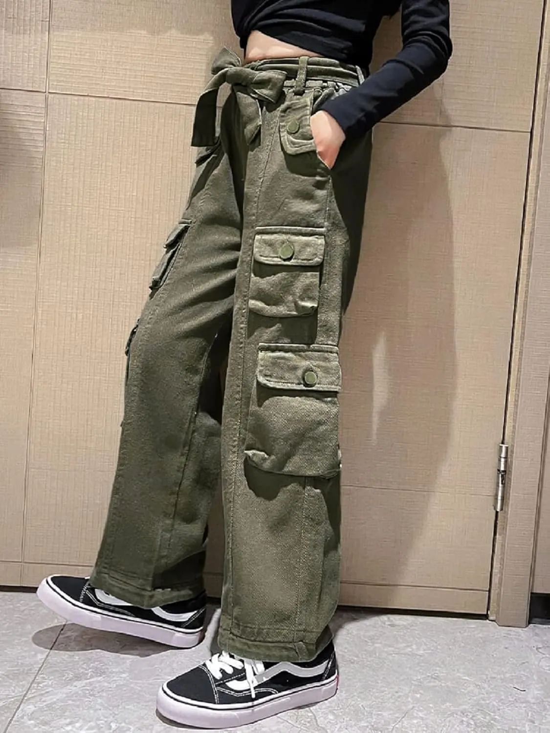 Rolanko Girls Cargo Pants Baggy Y2K Cargo Trousers Jeans Wide Leg Pants with Multi Pockets 4-15 Years
