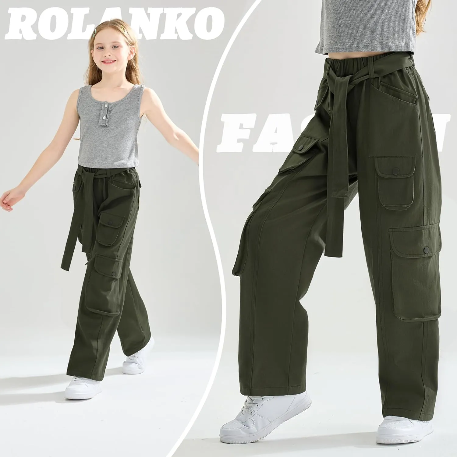 Rolanko Girls Cargo Pants Baggy Y2K Cargo Trousers Jeans Wide Leg Pants with Multi Pockets 4-15 Years