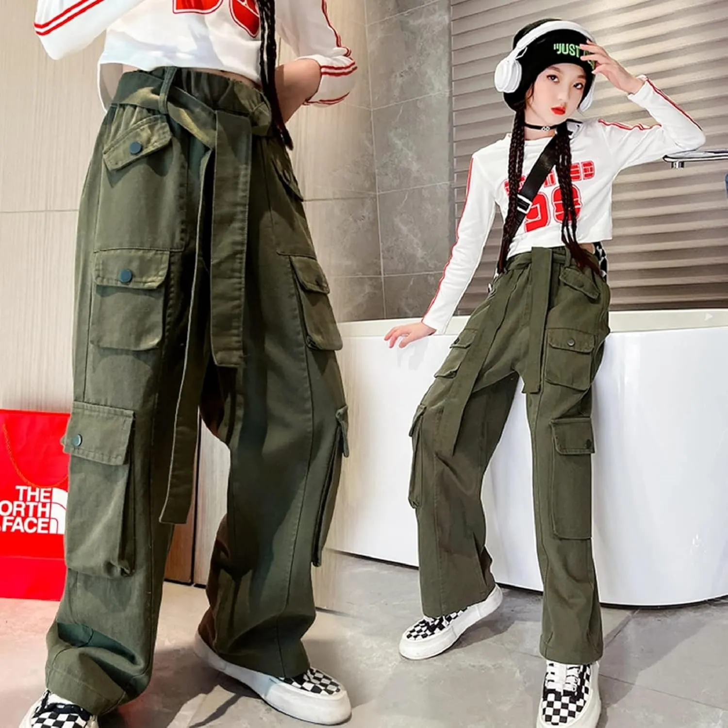 Rolanko Girls Cargo Pants Baggy Y2K Cargo Trousers Jeans Wide Leg Pants with Multi Pockets 4-15 Years