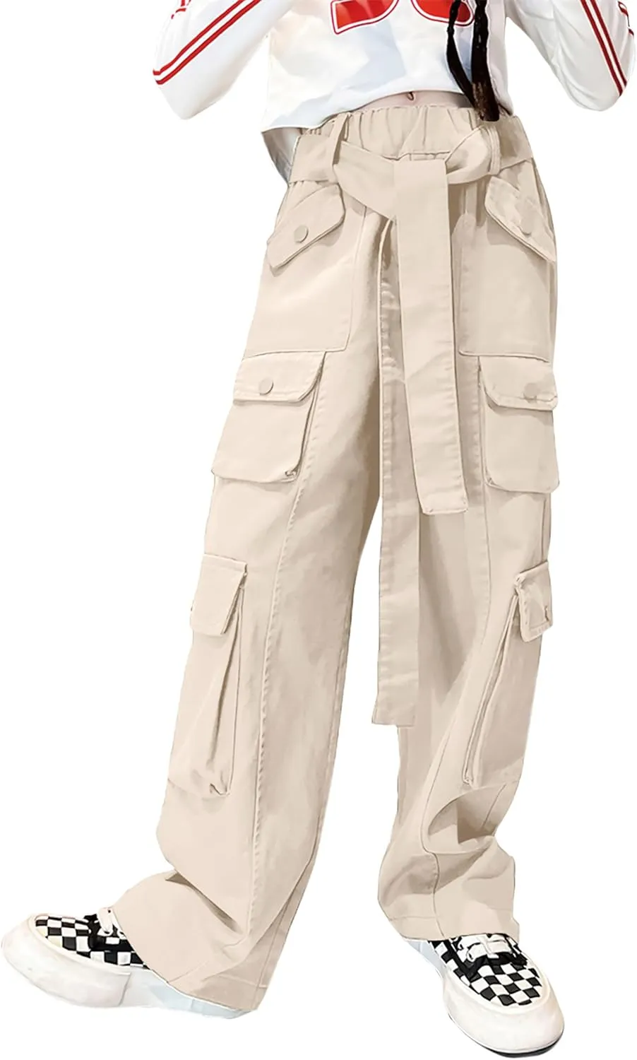 Rolanko Girls Cargo Pants Baggy Y2K Cargo Trousers Jeans Wide Leg Pants with Multi Pockets 4-15 Years