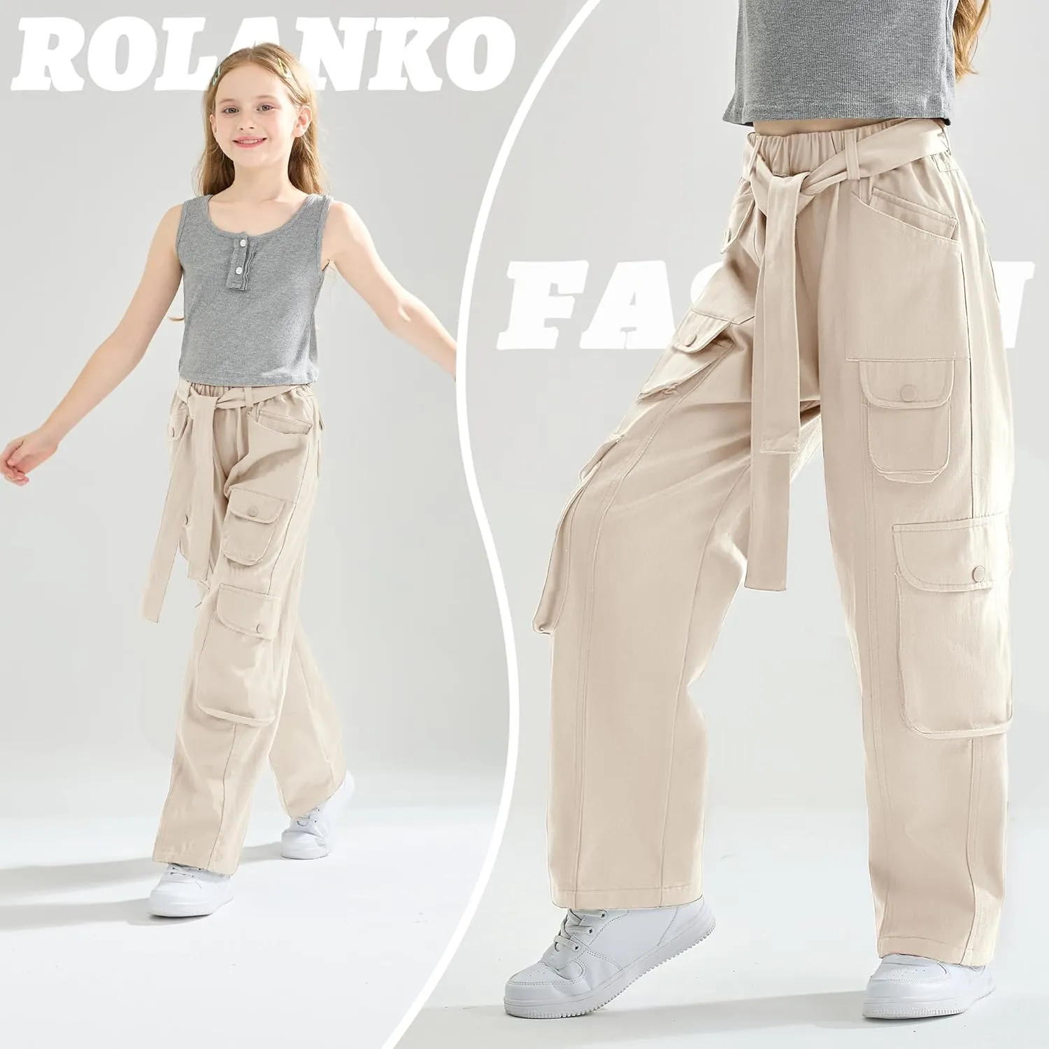 Rolanko Girls Cargo Pants Baggy Y2K Cargo Trousers Jeans Wide Leg Pants with Multi Pockets 4-15 Years