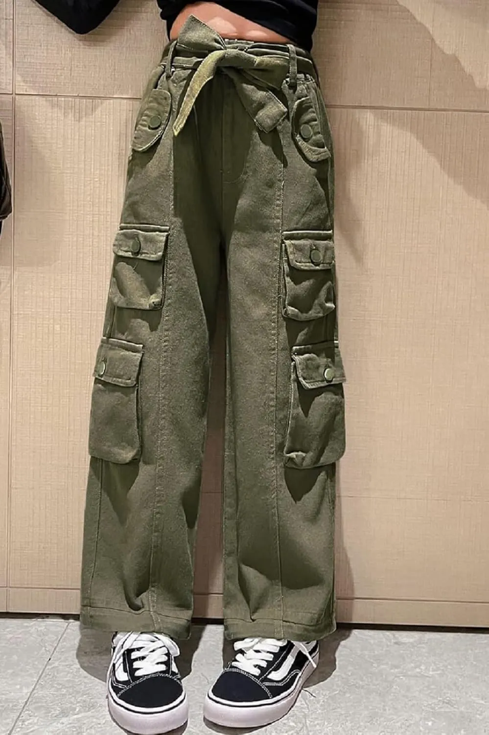 Rolanko Girls Cargo Pants Baggy Y2K Cargo Trousers Jeans Wide Leg Pants with Multi Pockets 4-15 Years