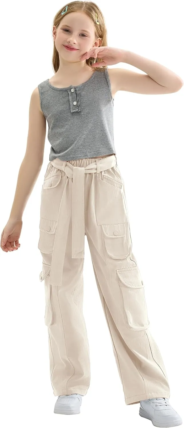Rolanko Girls Cargo Pants Baggy Y2K Cargo Trousers Jeans Wide Leg Pants with Multi Pockets 4-15 Years