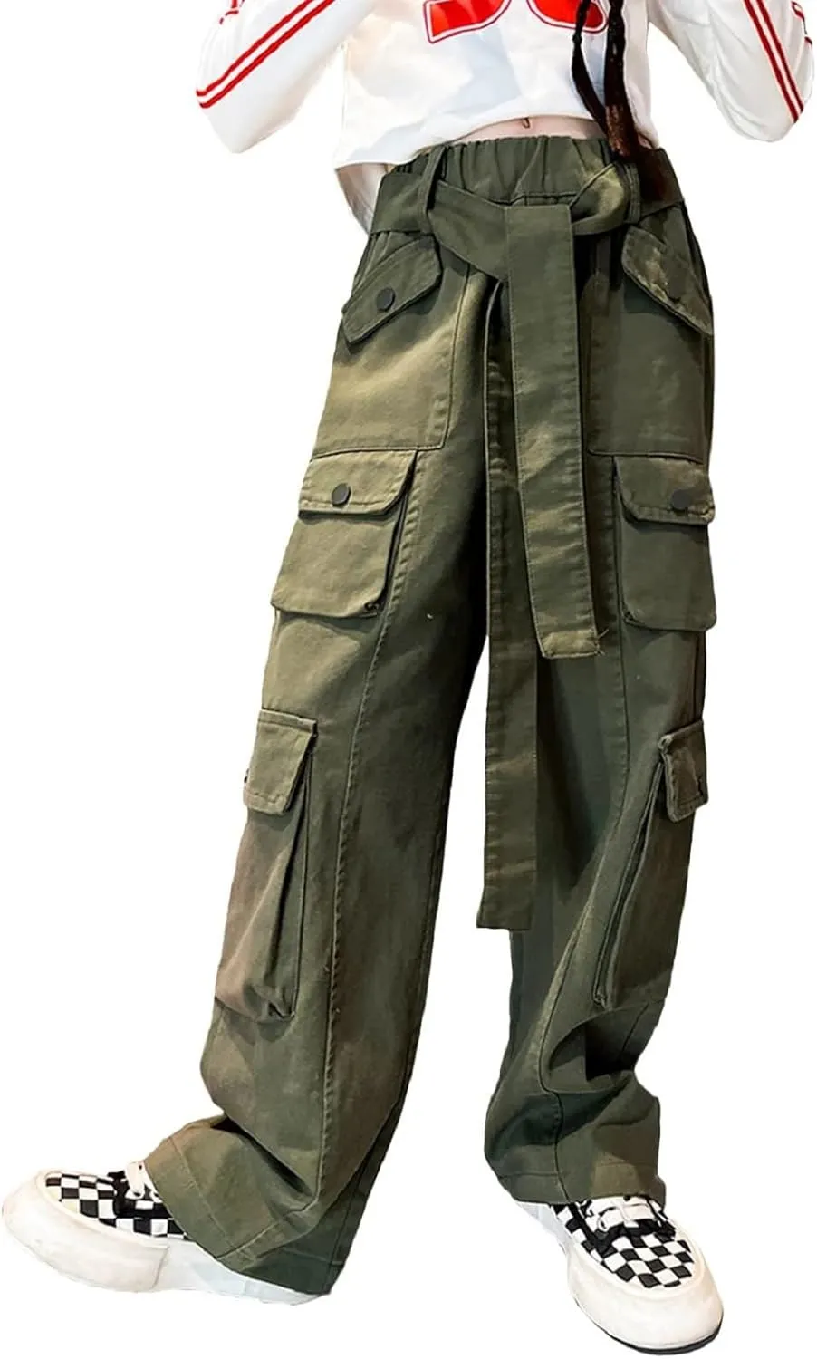 Rolanko Girls Cargo Pants Baggy Y2K Cargo Trousers Jeans Wide Leg Pants with Multi Pockets 4-15 Years