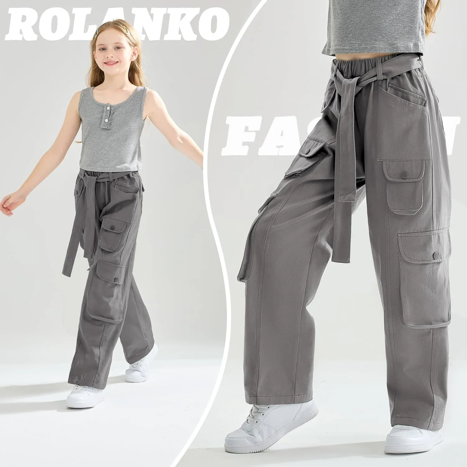 Rolanko Girls Cargo Pants Baggy Y2K Cargo Trousers Jeans Wide Leg Pants with Multi Pockets 4-15 Years