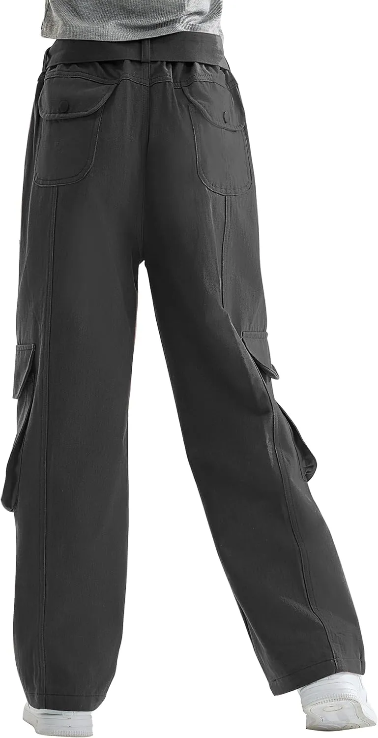 Rolanko Girls Cargo Pants Baggy Y2K Cargo Trousers Jeans Wide Leg Pants with Multi Pockets 4-15 Years