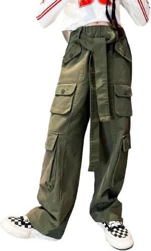 Rolanko Girls Cargo Pants Baggy Y2K Cargo Trousers Jeans Wide Leg Pants with Multi Pockets 4-15 Years