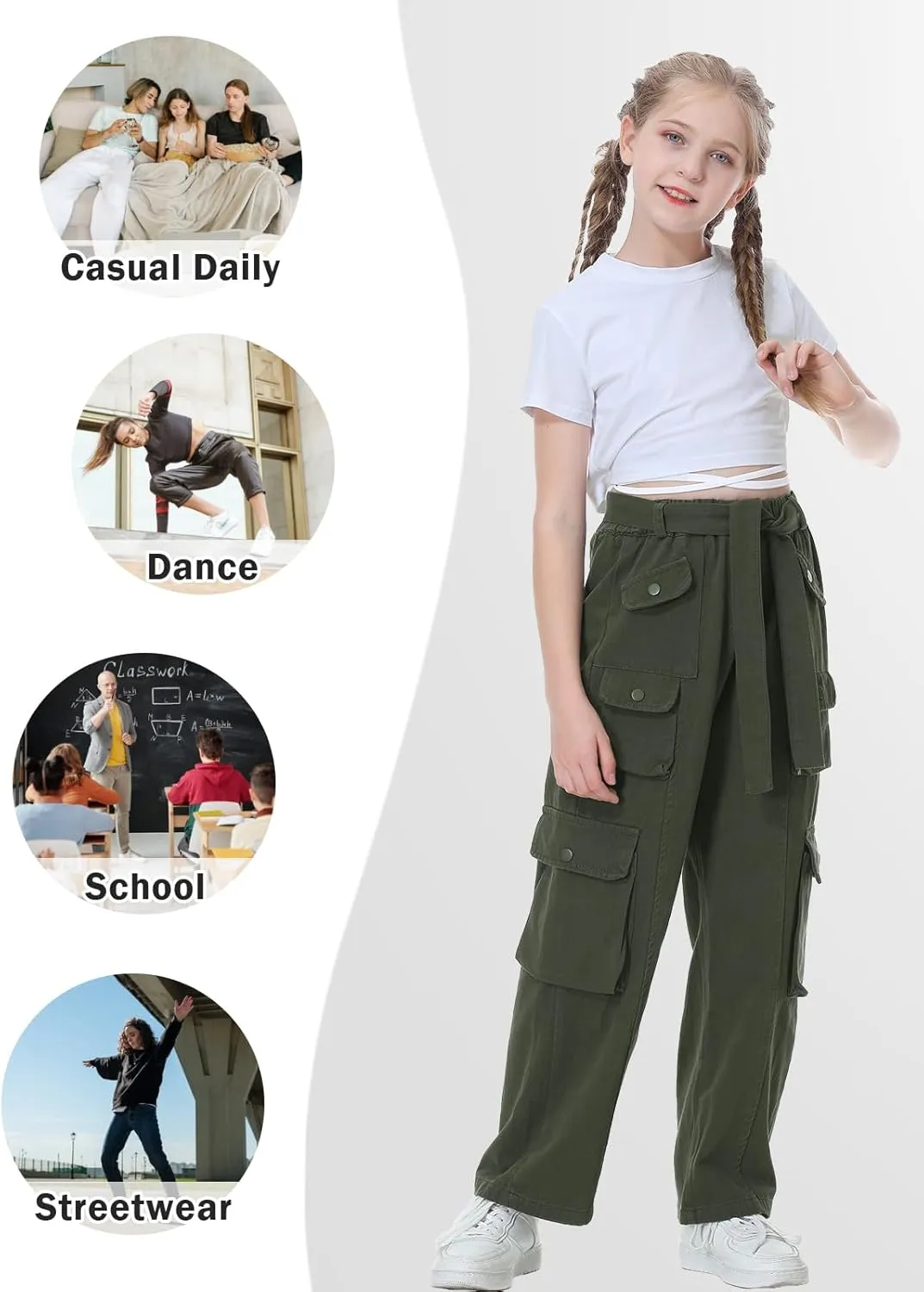 Rolanko Girls Cargo Pants Baggy Y2K Cargo Trousers Jeans Wide Leg Pants with Multi Pockets 4-15 Years