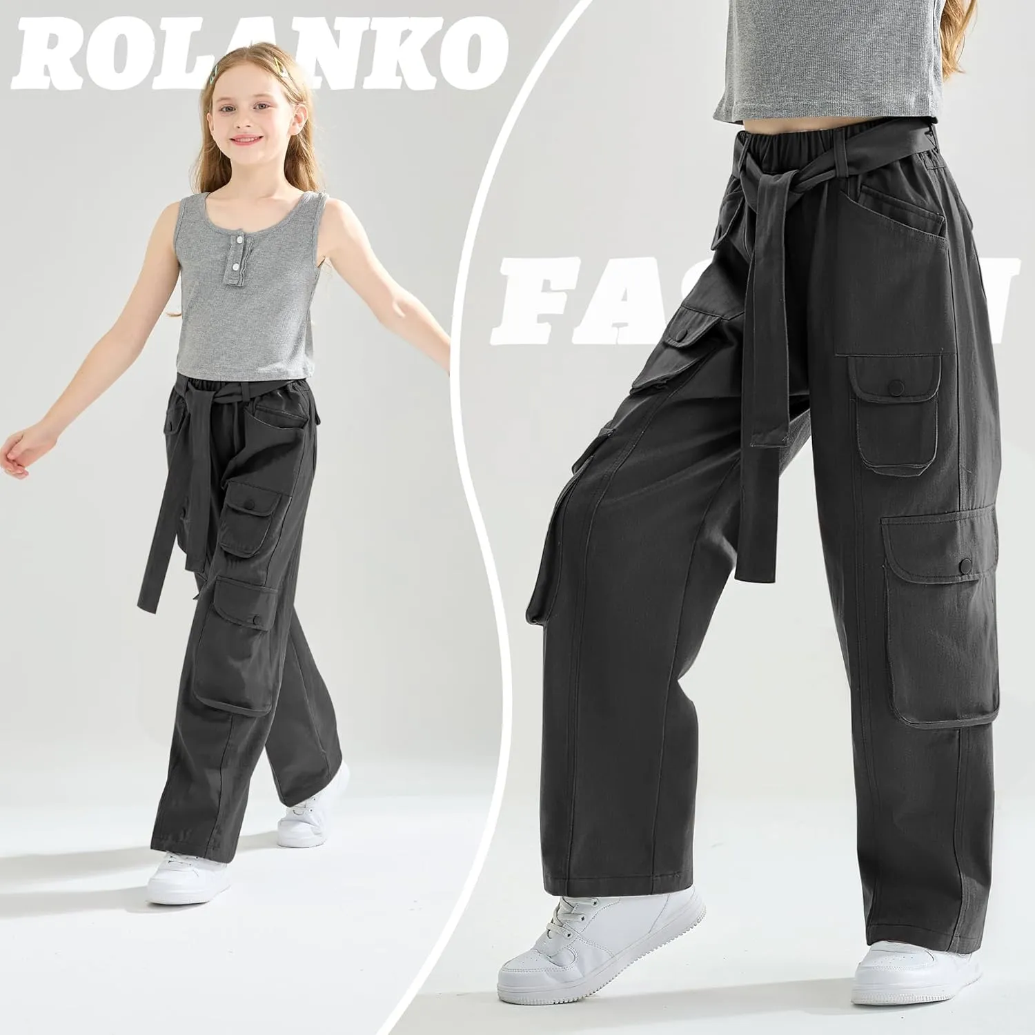 Rolanko Girls Cargo Pants Baggy Y2K Cargo Trousers Jeans Wide Leg Pants with Multi Pockets 4-15 Years