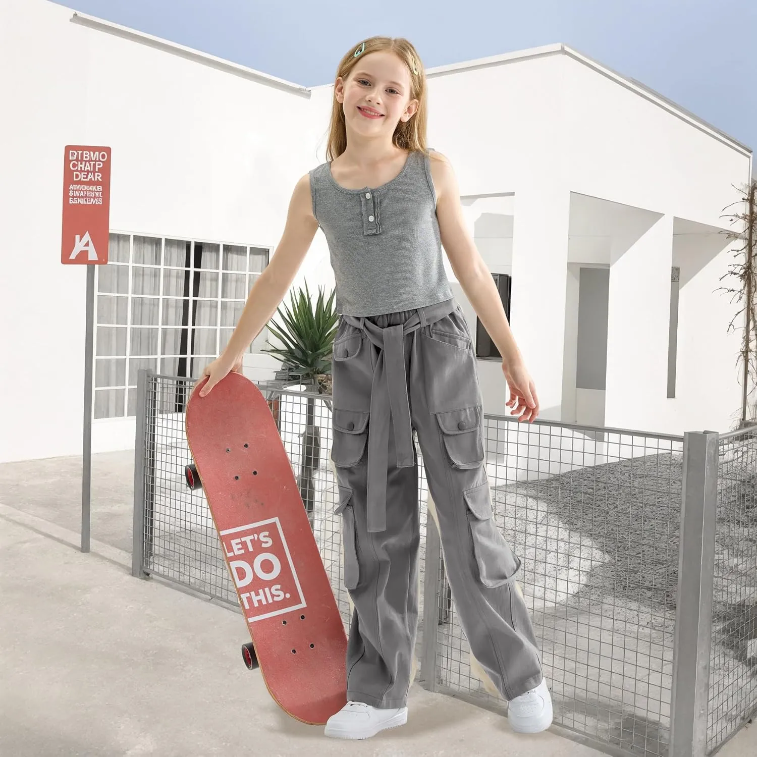 Rolanko Girls Cargo Pants Baggy Y2K Cargo Trousers Jeans Wide Leg Pants with Multi Pockets 4-15 Years