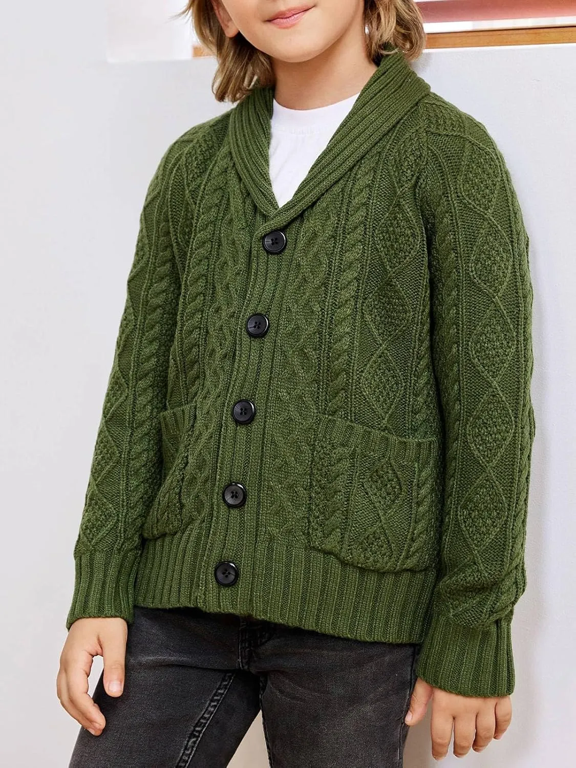 rrhss Boys Cable Knit Cardigan Sweater Kids Button Down Shawl Collar Outwear Sweater with Pockets 3-12 Years