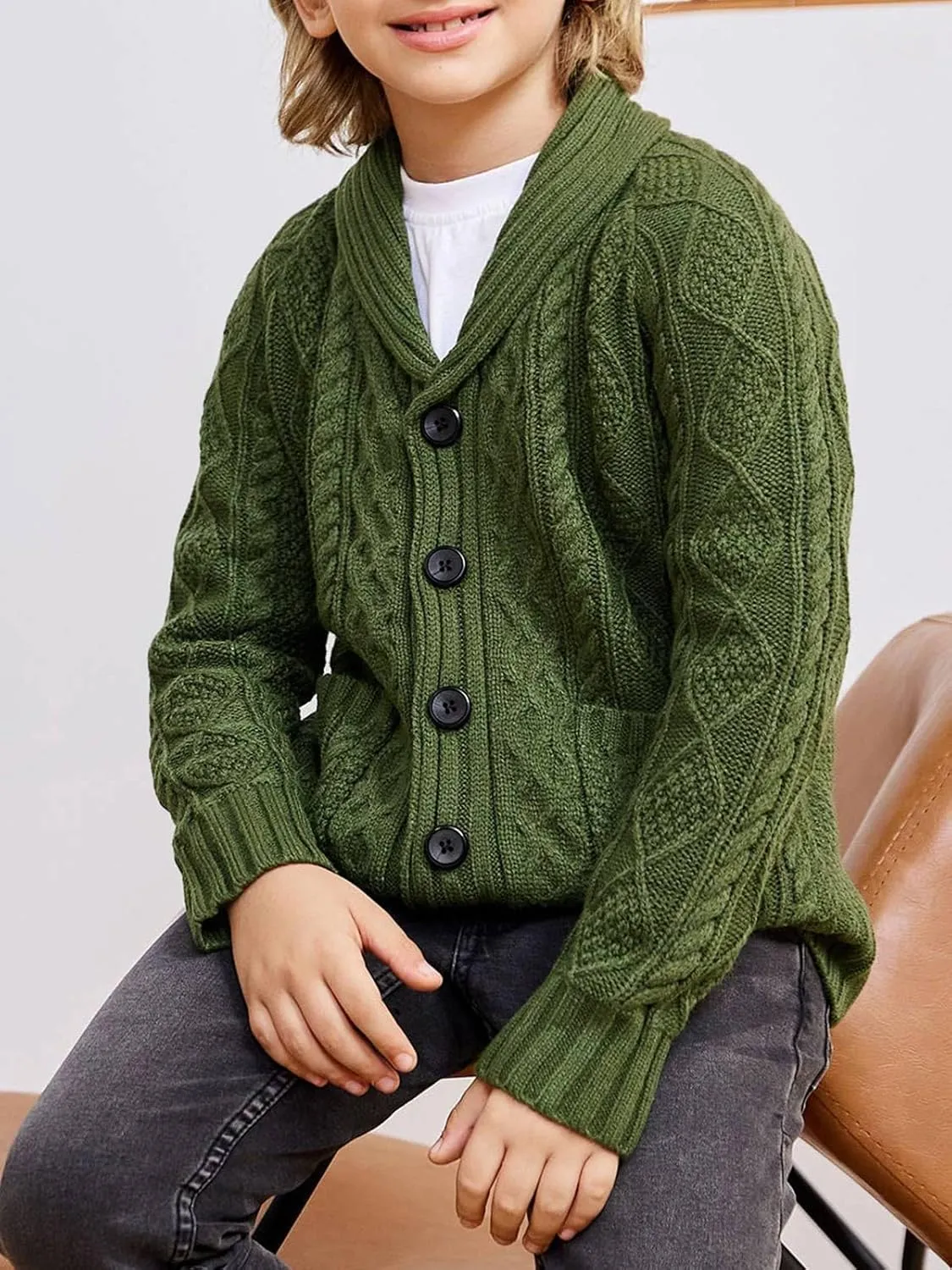rrhss Boys Cable Knit Cardigan Sweater Kids Button Down Shawl Collar Outwear Sweater with Pockets 3-12 Years