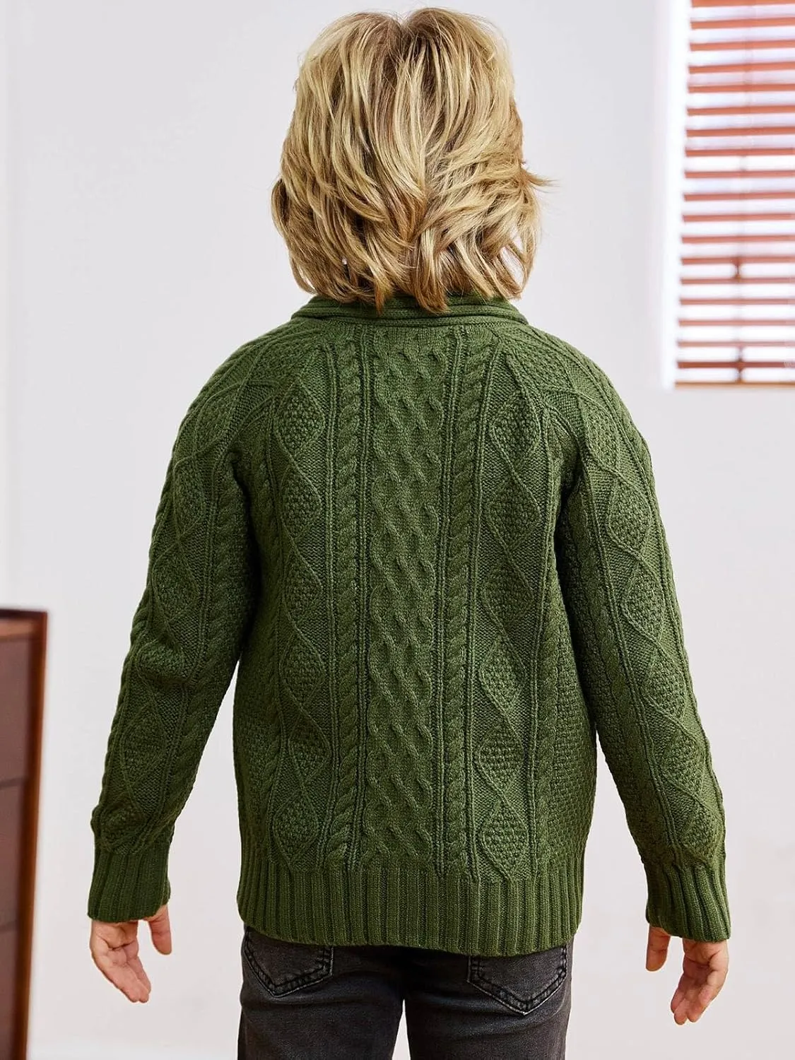 rrhss Boys Cable Knit Cardigan Sweater Kids Button Down Shawl Collar Outwear Sweater with Pockets 3-12 Years