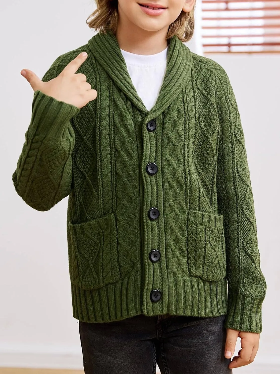 rrhss Boys Cable Knit Cardigan Sweater Kids Button Down Shawl Collar Outwear Sweater with Pockets 3-12 Years