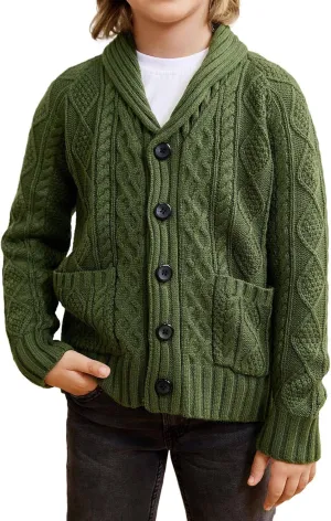 rrhss Boys Cable Knit Cardigan Sweater Kids Button Down Shawl Collar Outwear Sweater with Pockets 3-12 Years