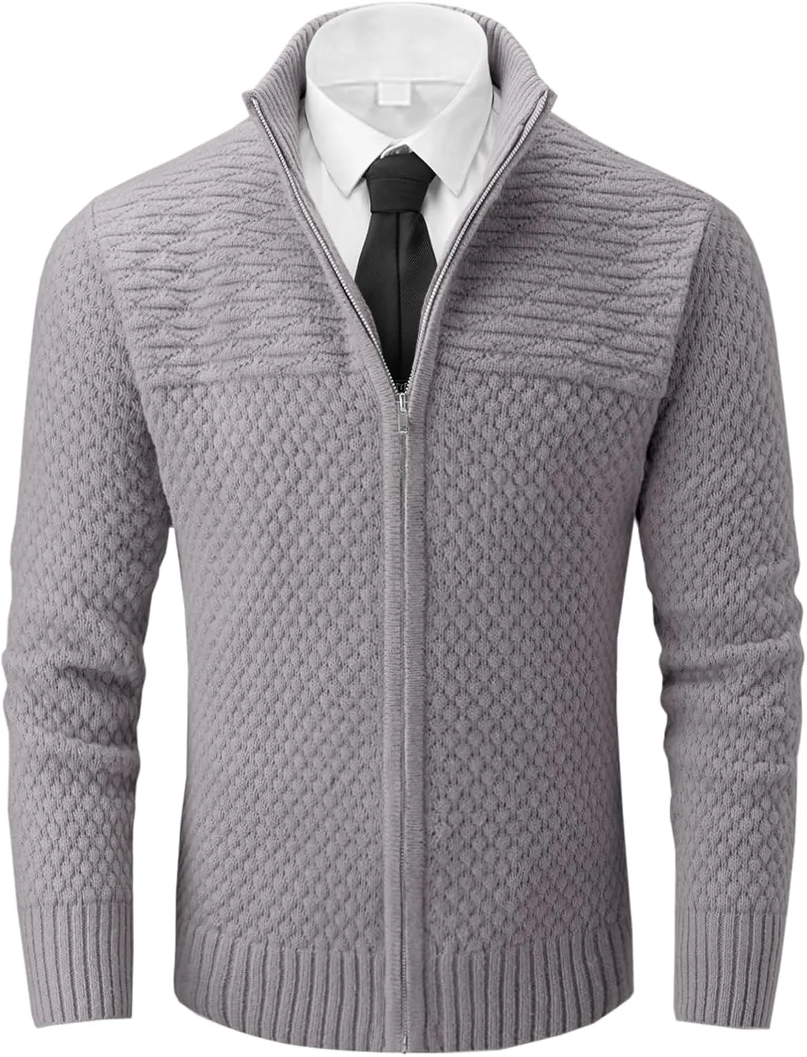 Runcati Mens Zip Up Cardigan Sweater Casual Stand Collar Textured Knit Ribbed Chunky Sweaters