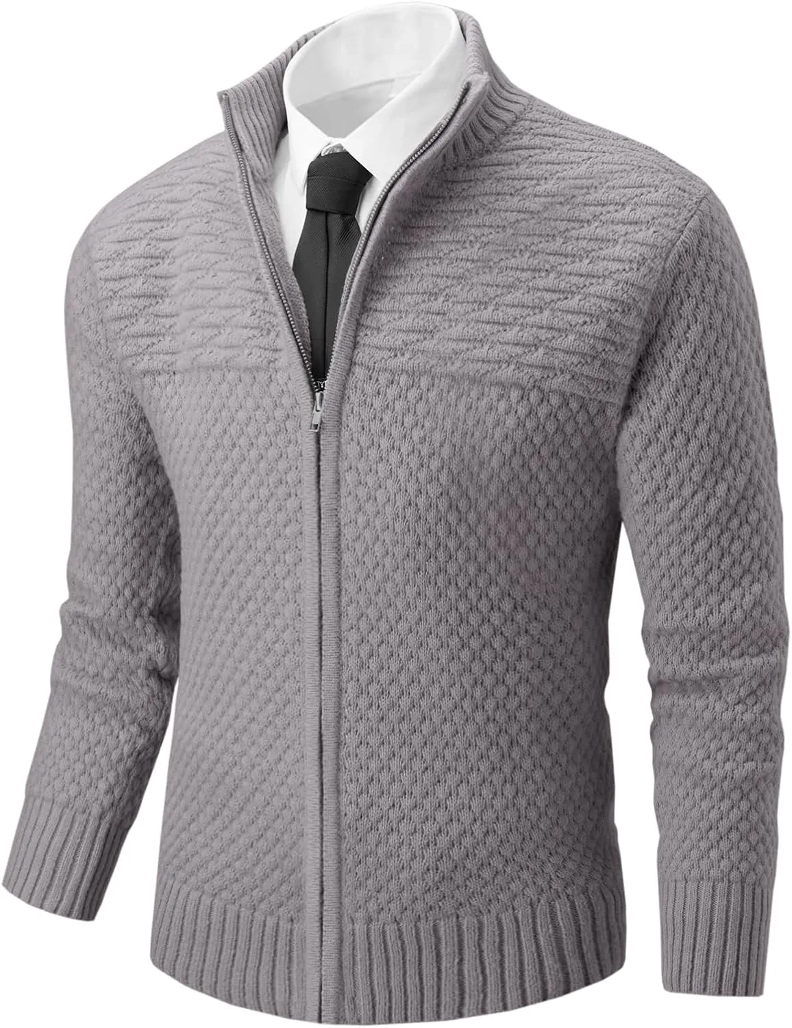 Runcati Mens Zip Up Cardigan Sweater Casual Stand Collar Textured Knit Ribbed Chunky Sweaters