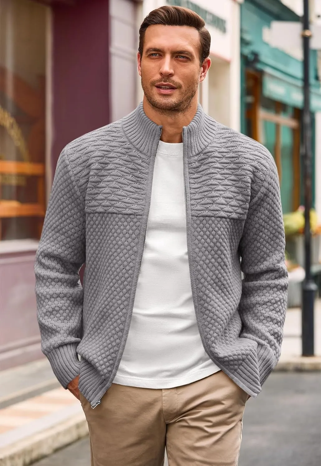 Runcati Mens Zip Up Cardigan Sweater Casual Stand Collar Textured Knit Ribbed Chunky Sweaters