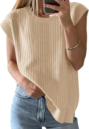 Saodimallsu Womens Crew Neck Sweater Vest Summer Oversized Ribbed Knit Sleeveless Casual Loose Fit Pullover Tank Top