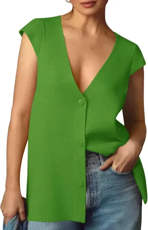 Saodimallsu Womens Deep V Neck Sweater Vest Sleeveless Knit Button Up Loose Fit Cap Sleeve Trendy Summer Tops
