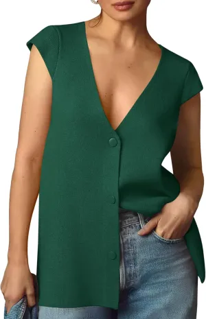 Saodimallsu Womens Deep V Neck Sweater Vest Sleeveless Knit Button Up Loose Fit Cap Sleeve Trendy Summer Tops