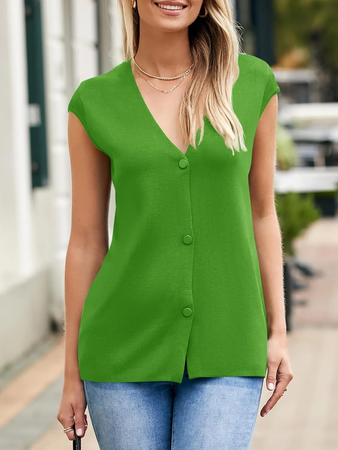 Saodimallsu Womens Deep V Neck Sweater Vest Sleeveless Knit Button Up Loose Fit Cap Sleeve Trendy Summer Tops
