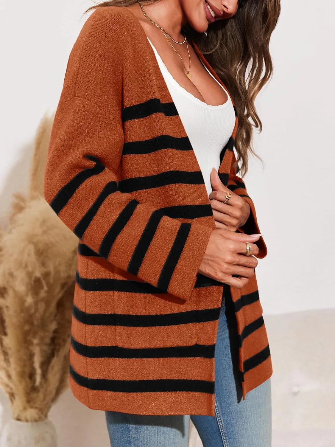 Saodimallsu Womens Oversized Striped Cardigans Open Front Chunky Knit Casual Loose Fit Long Sleeve Sweater Coats
