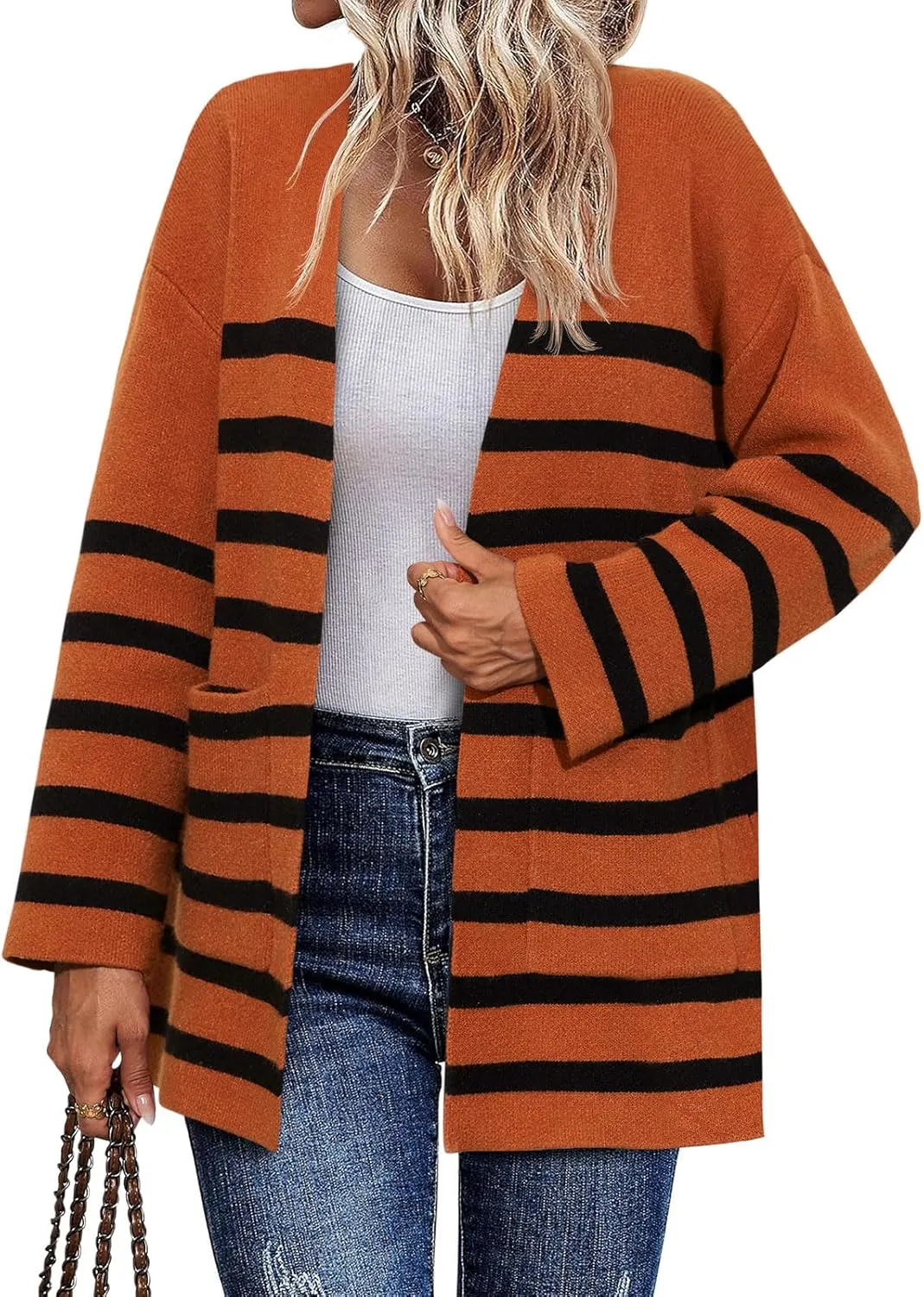 Saodimallsu Womens Oversized Striped Cardigans Open Front Chunky Knit Casual Loose Fit Long Sleeve Sweater Coats