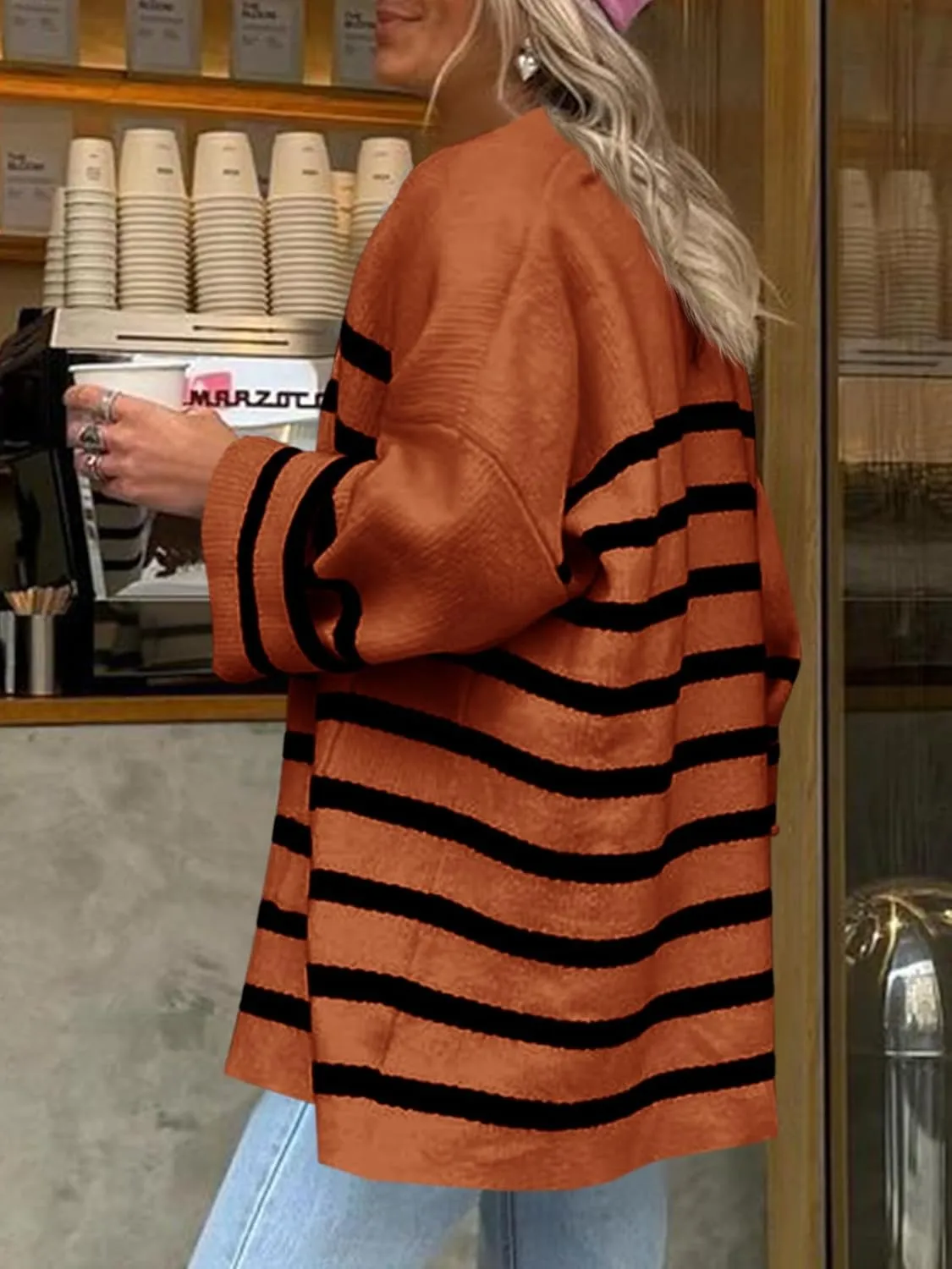 Saodimallsu Womens Oversized Striped Cardigans Open Front Chunky Knit Casual Loose Fit Long Sleeve Sweater Coats