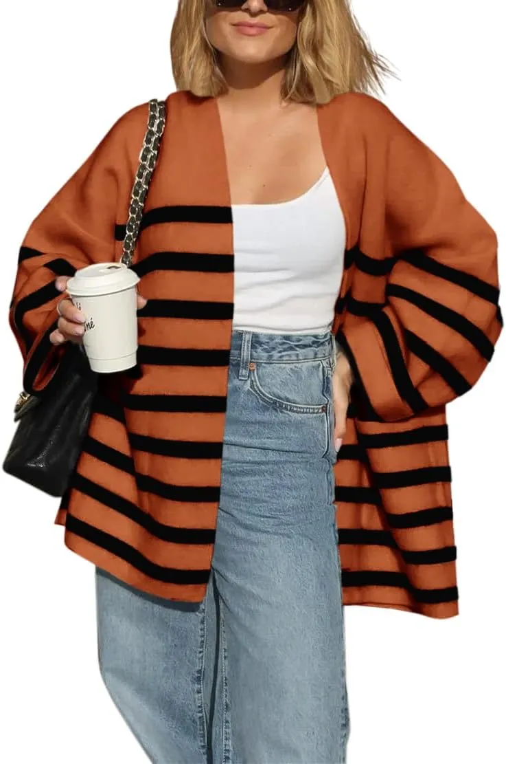 Saodimallsu Womens Oversized Striped Cardigans Open Front Chunky Knit Casual Loose Fit Long Sleeve Sweater Coats