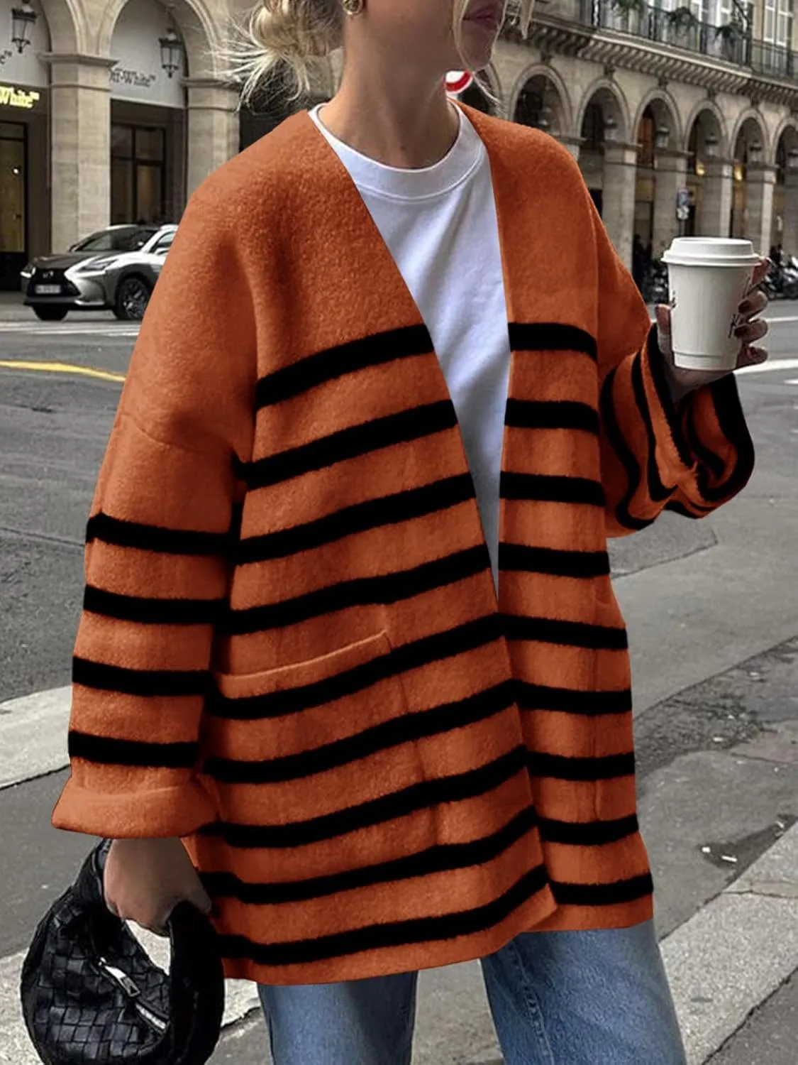 Saodimallsu Womens Oversized Striped Cardigans Open Front Chunky Knit Casual Loose Fit Long Sleeve Sweater Coats