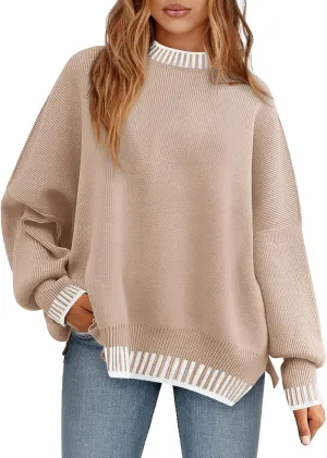 Saodimallsu Womens Oversized Sweaters Crewneck Color Block Winter Sweater Lantern Sleeve Side Slit Knit Pullover Tops